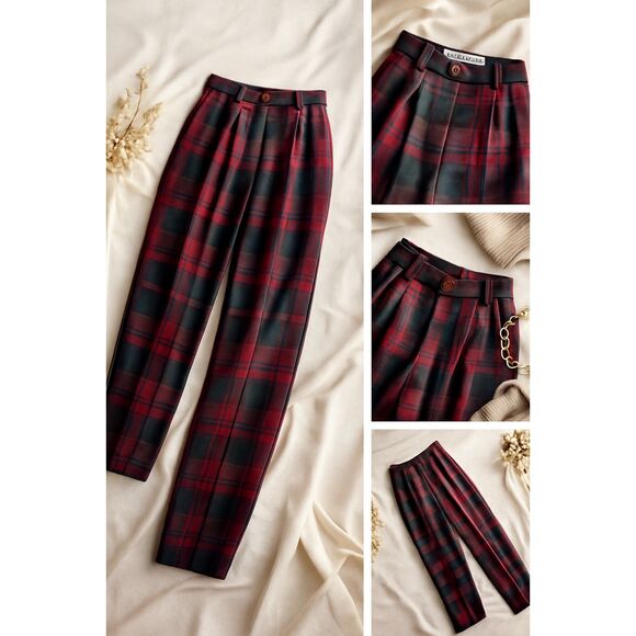 Vintage Bill Blass Wool Tartan Plaid High Waist Trousers Pants Red Green Size 10 - Picture 1 of 16